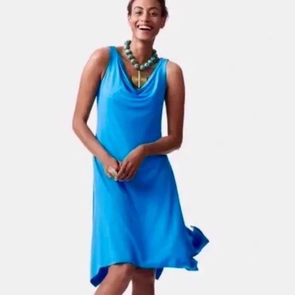 Eileen Fisher cowl neck blue asymmetrical jersey dress Size Medium